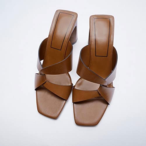 Sandalias para Mujeres Summer Women Zapatos Toos Cuadrados Toe Brown Tacón Grueso Sandalias Mujeres3.5 Reino Unido