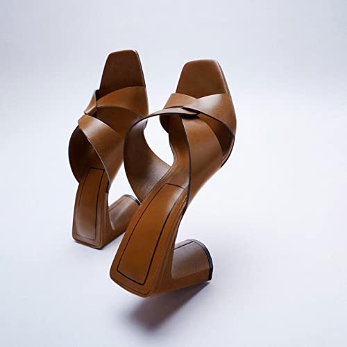 Sandalias para Mujeres Summer Women Zapatos Toos Cuadrados Toe Brown Tacón Grueso Sandalias Mujeres3.5 Reino Unido