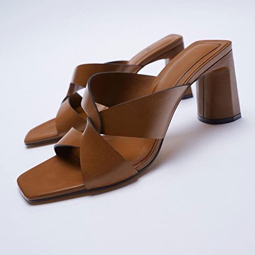 Sandalias para Mujeres Summer Women Zapatos Toos Cuadrados Toe Brown Tacón Grueso Sandalias Mujeres3.5 Reino Unido